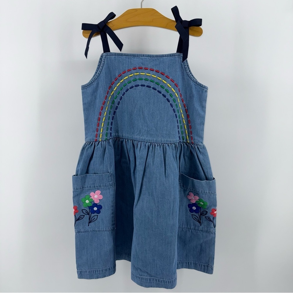 Hanna Andersson Rainbow Flower Embroidered Blue Denim Chambray Dress